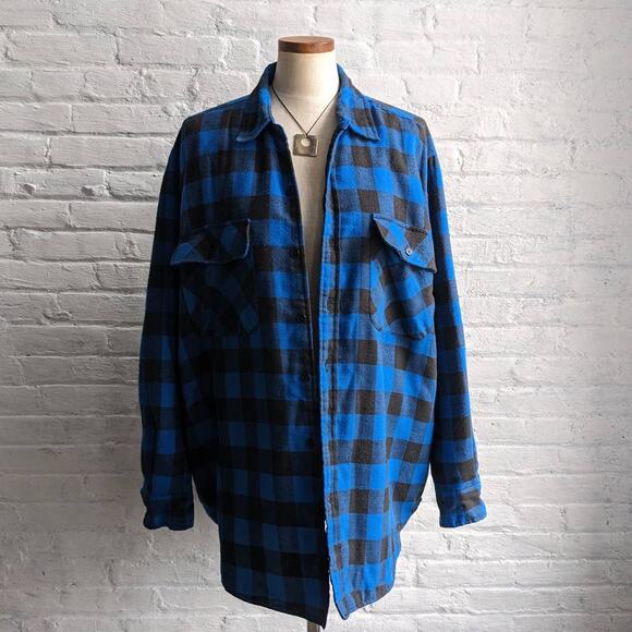 Y2K Vintage Blue Plaid Flannel Utility Blanket Thermal Oversize Coat Jacket - Picture 6 of 10